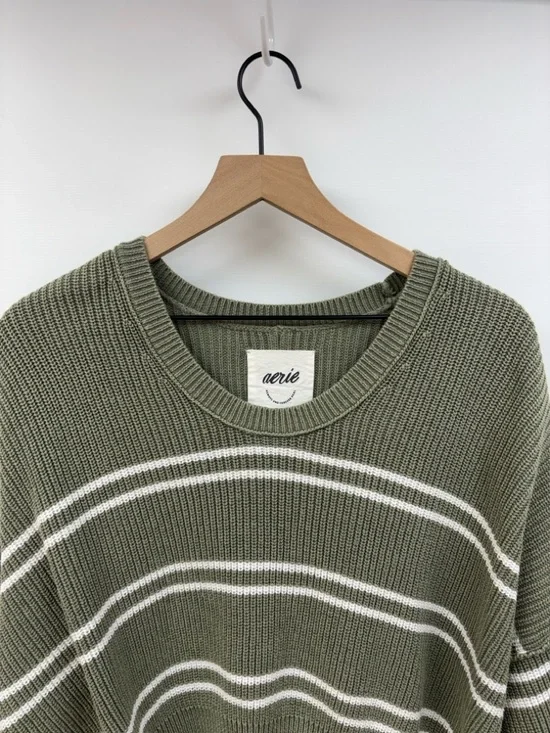 Aerie Striped Oversized Boxy Chunky Knit Pullover Slouchy Sweater Green Small - Picture 3 of 7
